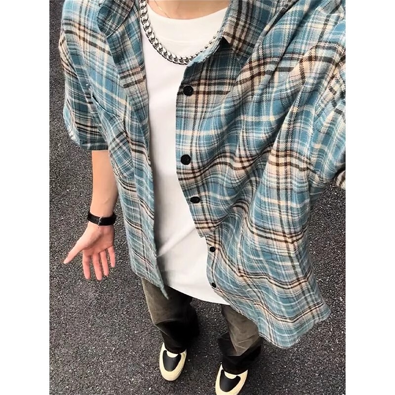 Cleanfit Plaid Shirt Short-Sleeved Men's Summer American Retro Plaid Top High-End Handsome Half-Sleeved Shirt