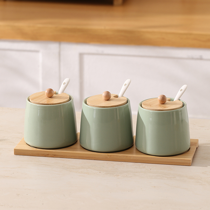 [Fruit green] 3 jars + spoons + bamboo tray