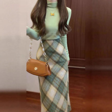法式感绿色格子连衣裙子女秋冬季2024新款小个子穿搭一整套装