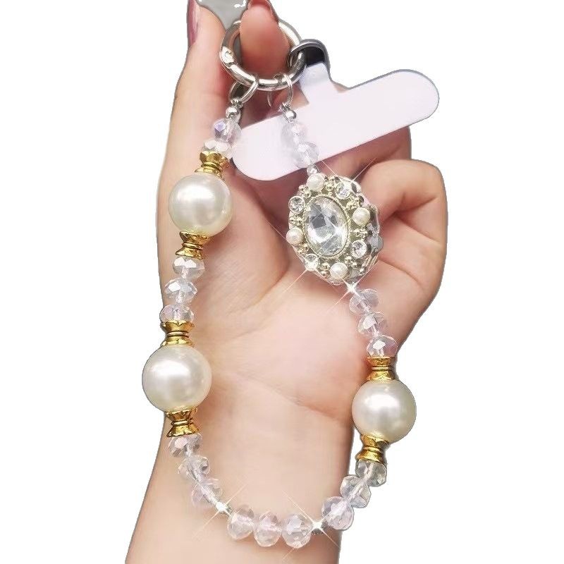 Estilo clásico, gran joya, perla, cristal, cadena de teléfono móvil con cuentas, cadena de colgante corta hecha a mano con incrustaciones de diamantes de lujo para mujer
