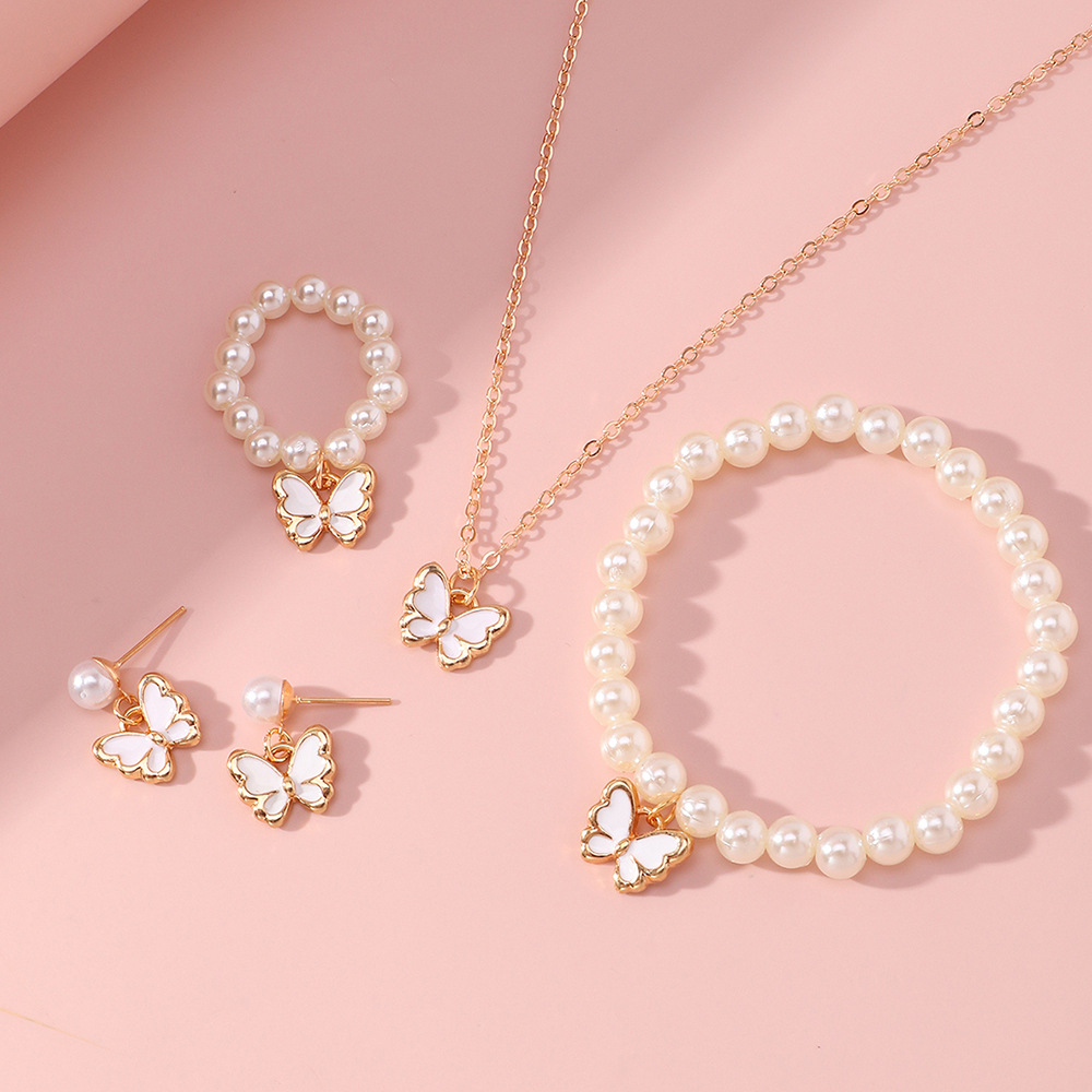 new butterfly pendant pearl bracelet childrenu0027s ring earrings jewelry set wholesale