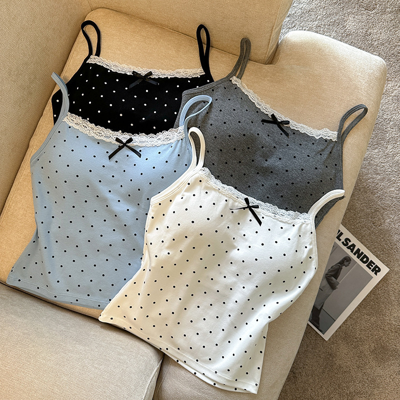 Pure Lust Style with Breast Pads, Sexy Lace Patchwork Polka Dot Vest Suspbottomer for Women, Summer Slimming Look Short Top, Versatile