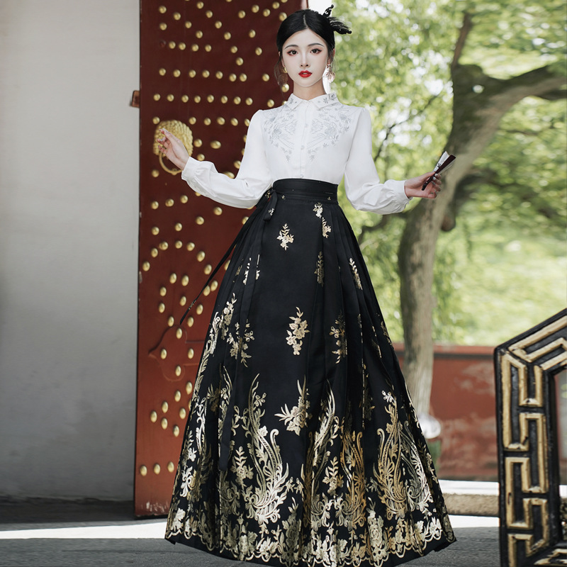 2023 Hanfu Hanfu 여성의 직조 골드 말 얼굴 스커트 세트 매일 통근 Guofeng 한 요소원피스 가을과 겨울