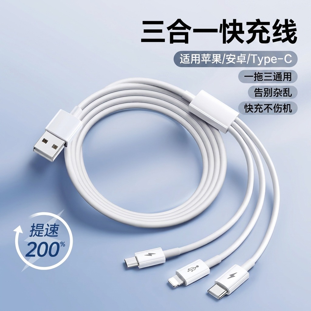 3-in-1 Apple Type-C Android Mobile Phone Car Charging Cable Multi-Head Triple Adapter for iPhone/Huawei