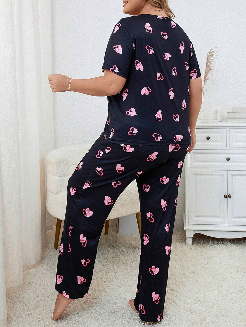 Dame nattøj sæt plus size med hjerteprint til efterår vinter_voghion.com