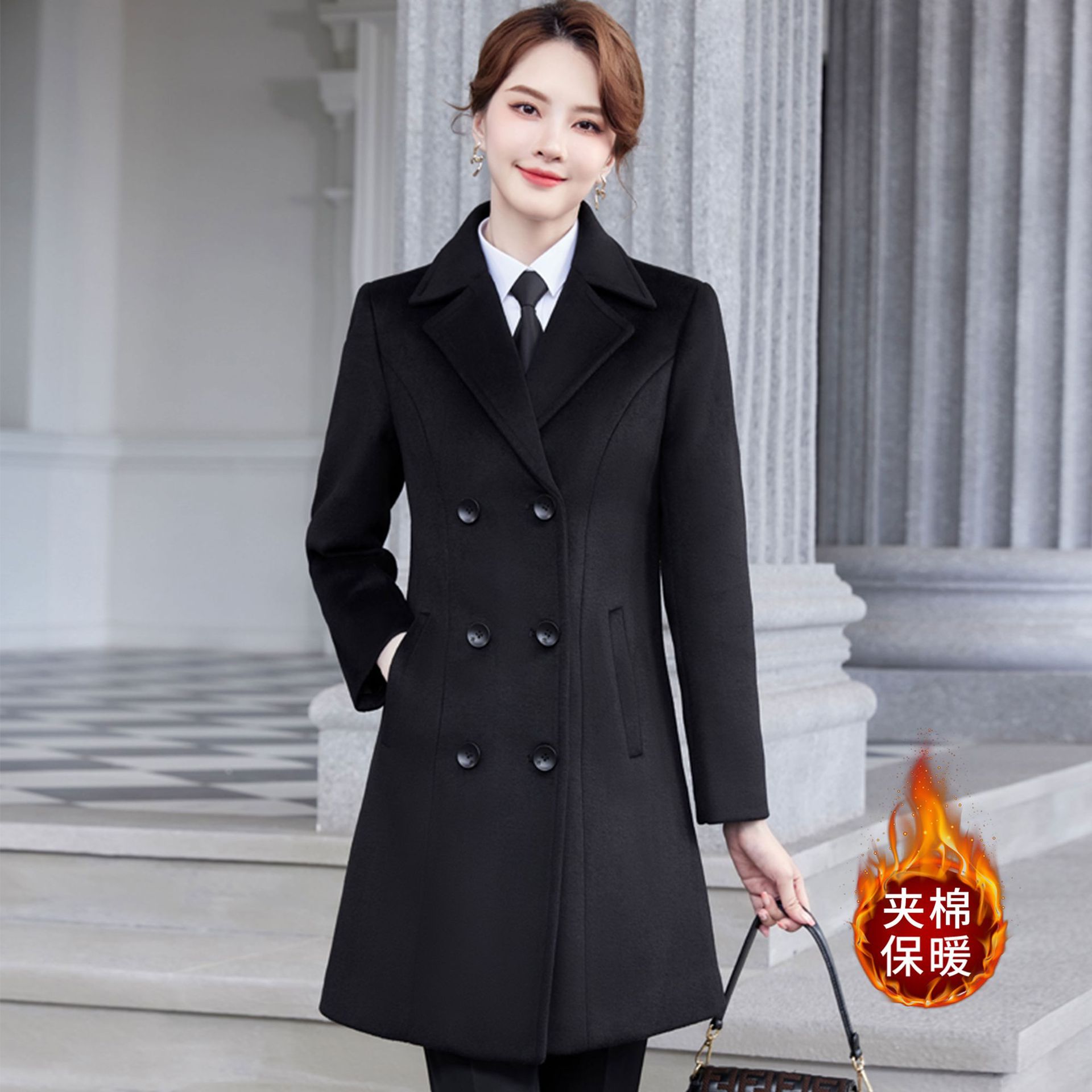 여성용 더블 브레스티드 블랙 코트
