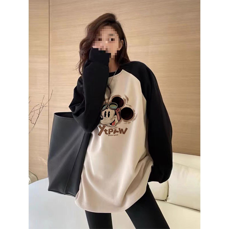 设计感撞色磨毛长袖t恤女中长款遮屁股宽松大码上衣打底衫秋冬季