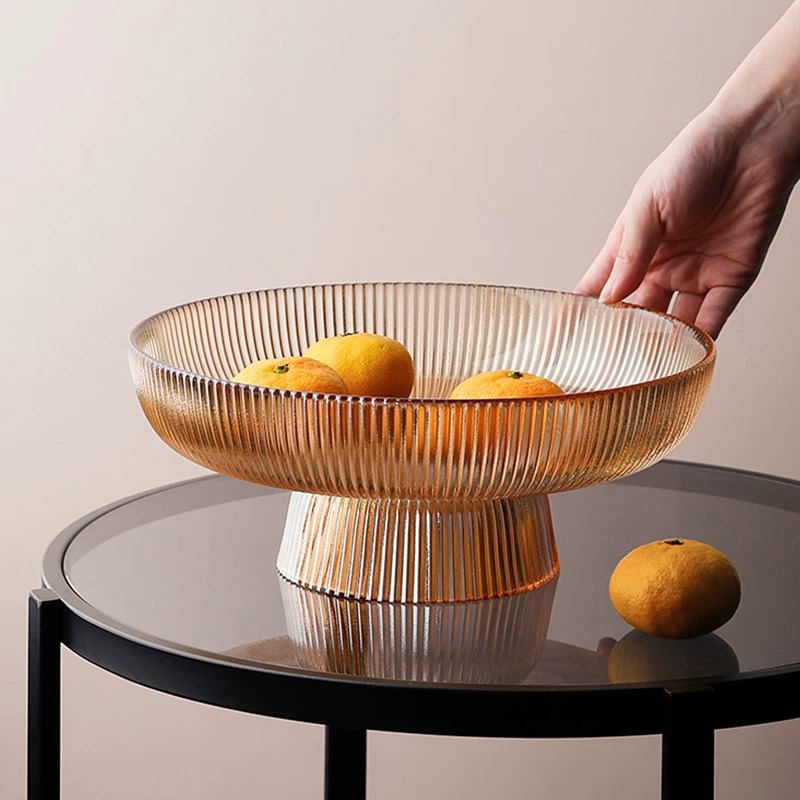 Platos de frutas de vidrio de pies altos, platos de frutas secas a rayas de alta calidad, mesa de té doméstica, bocadillos de pies bajos, platos de frutas de alta calidad