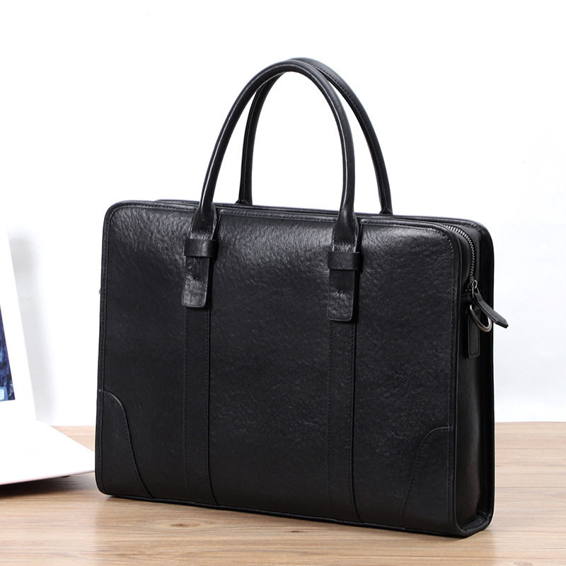 Túi xách tay nam da bò lớp đầu 38×8×28 cm, túi công sở đựng laptop 14 inch, đeo chéo tiện lợi — Màu Đen thuộc da bình thường bên trong màu đen, Màu đen cây cao, Lớp lót nỉ flannel cao cấp cầm tay màu đen