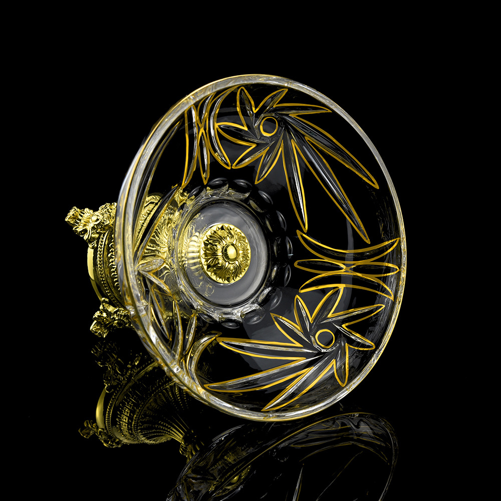 欧美水晶玻璃轻奢水果盘 现代客厅高脚描金装饰果斗 家居摆件特价