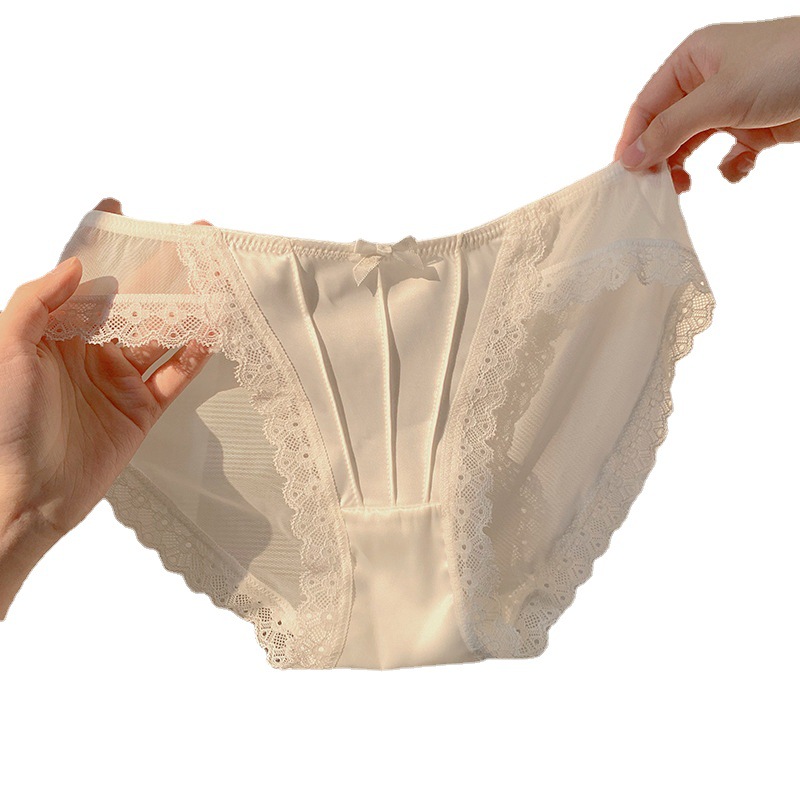 Francés retro satén blanco ropa interior de encaje puro malla sexy briefs cintura baja algodón fino entrepierna