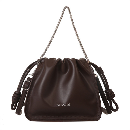 Retro Fashion Simple Solid Color Drawstring Small Bag Women  Early Autumn New Korean Style Western Crossbody Bag Bucket Bag