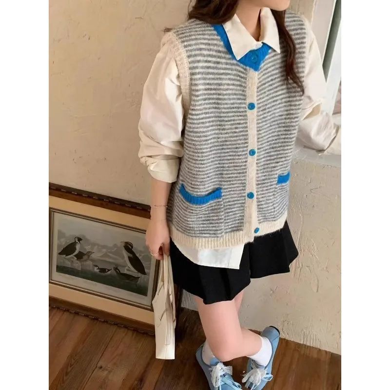 韩系撞色条纹无袖针织马甲背心女开衫宽松2025秋季减龄坎肩上衣短|undefined
