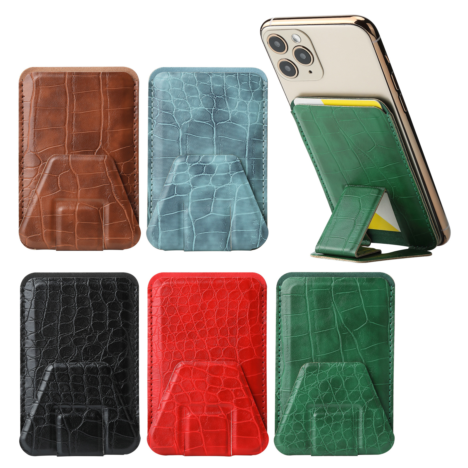 Funda para teléfono con diseño de cocodrilo en stock, con soporte magnético para tarjetas, adhesivo magnético súper fuerte, portátil para escritorio.