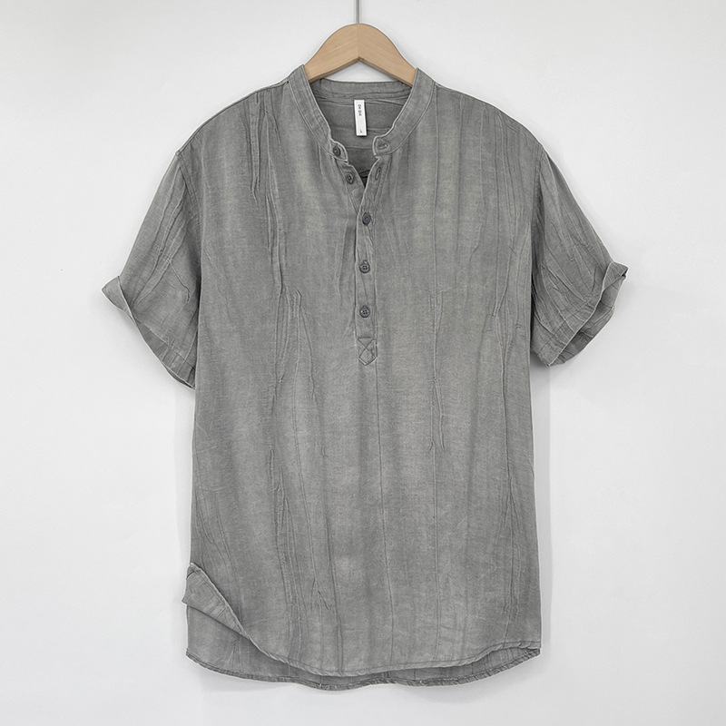 高端天丝苎麻短袖t恤男士中国风立领上衣夏季薄款新中式亚麻男装