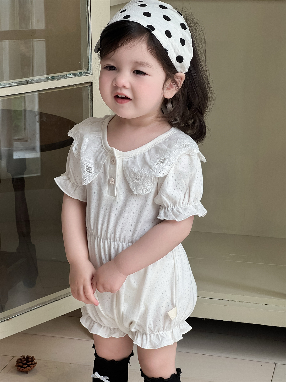 Bebé de manga corta triángulo trepando verano delgado 2025 ropa de verano para bebés ropa para niños coreanos cuello de encaje de bebé con hebilla abierta image 8