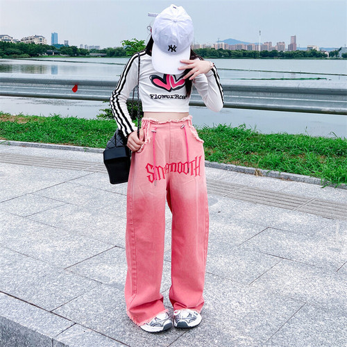 Cross-border wholesale Korean-style wide-leg colored denim jeans for children in spring and autumn, trendy and fashionable street-style.