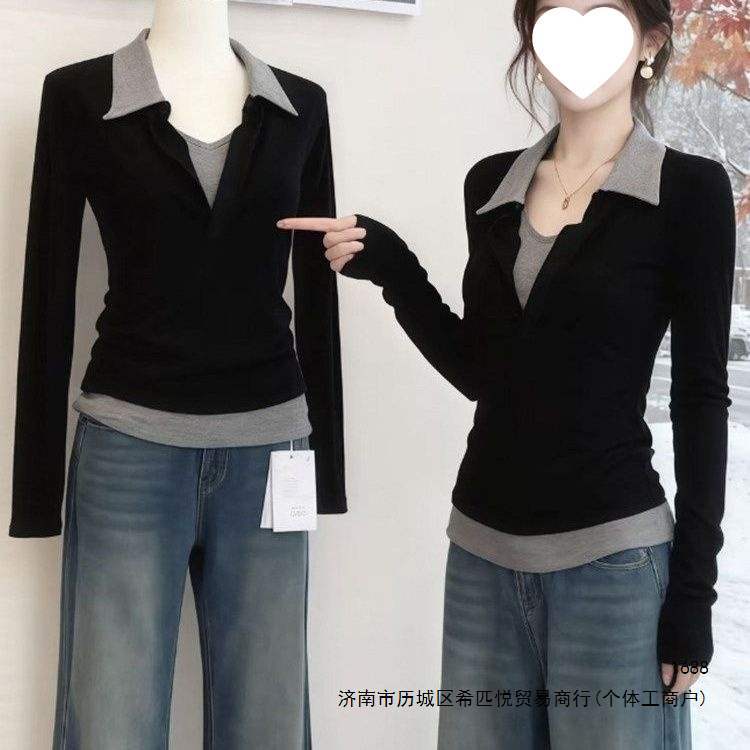 撞色POLO领长袖T恤女2026春秋新款假两件拼接显瘦气质打底衫上衣