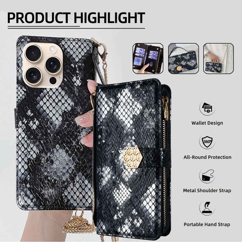 Suitable for Apple 16 Pro Phone Case, 15 Pro Snakeskin Pattern iPhone 17 High-End Crossbody Phone Case 16E