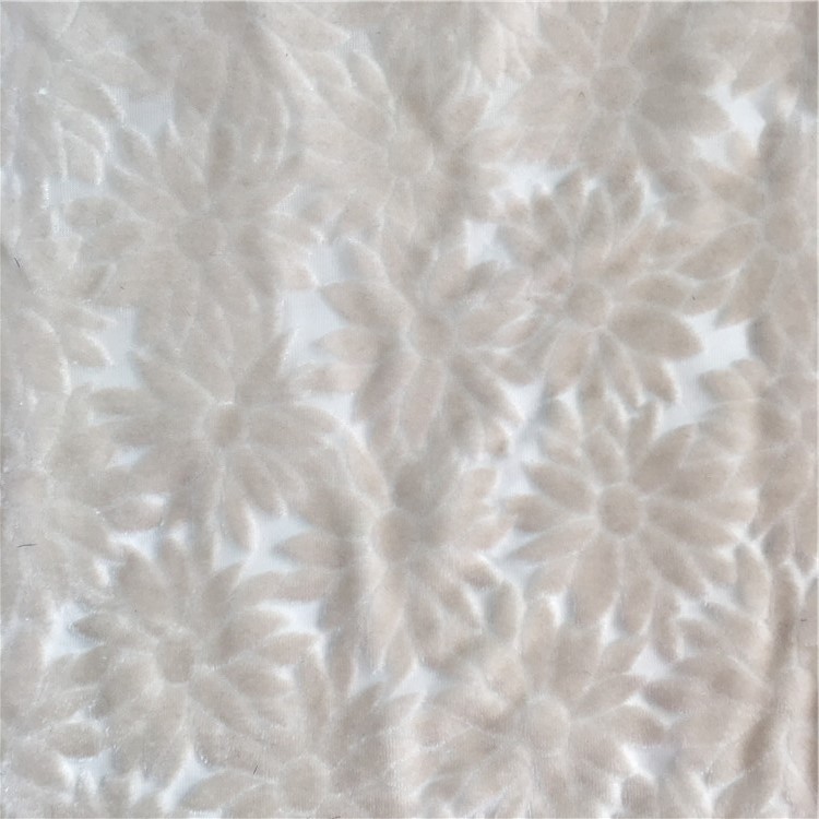 厂家供应锦绒梭织镂空印烂花植绒花朵烂花布女装