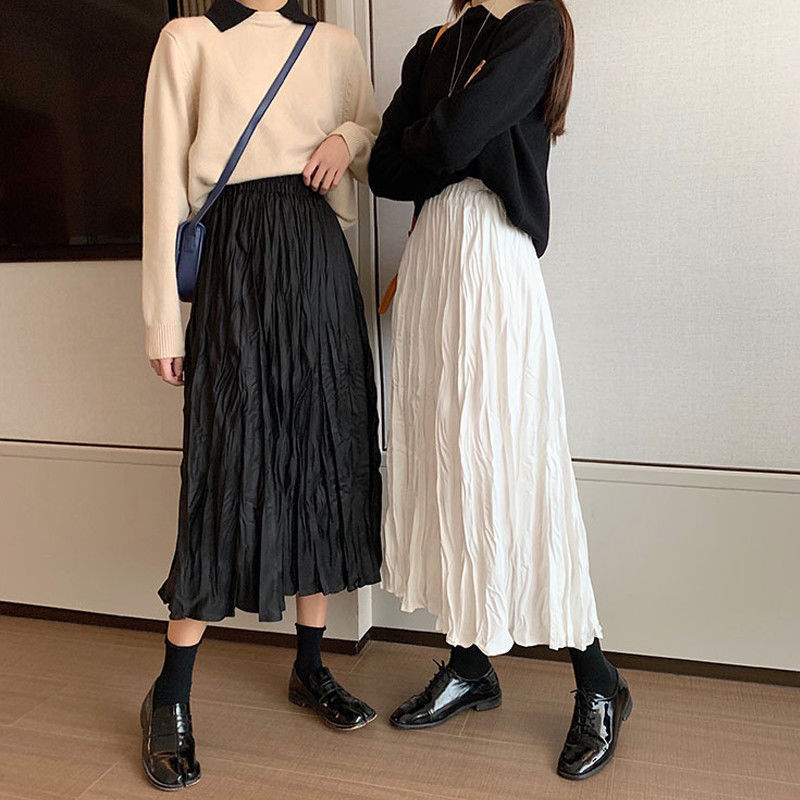 Fairy Skirt Mid-length Pleated A- line Skirt Half-length Skirt Autumn Long One-step Skirt Loose All-match Trendy Elasticated Waist