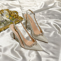 Sharp pointed, shallow toe, back open sandals, women's slim heels, white exquisite French rhinestone temperament high heels