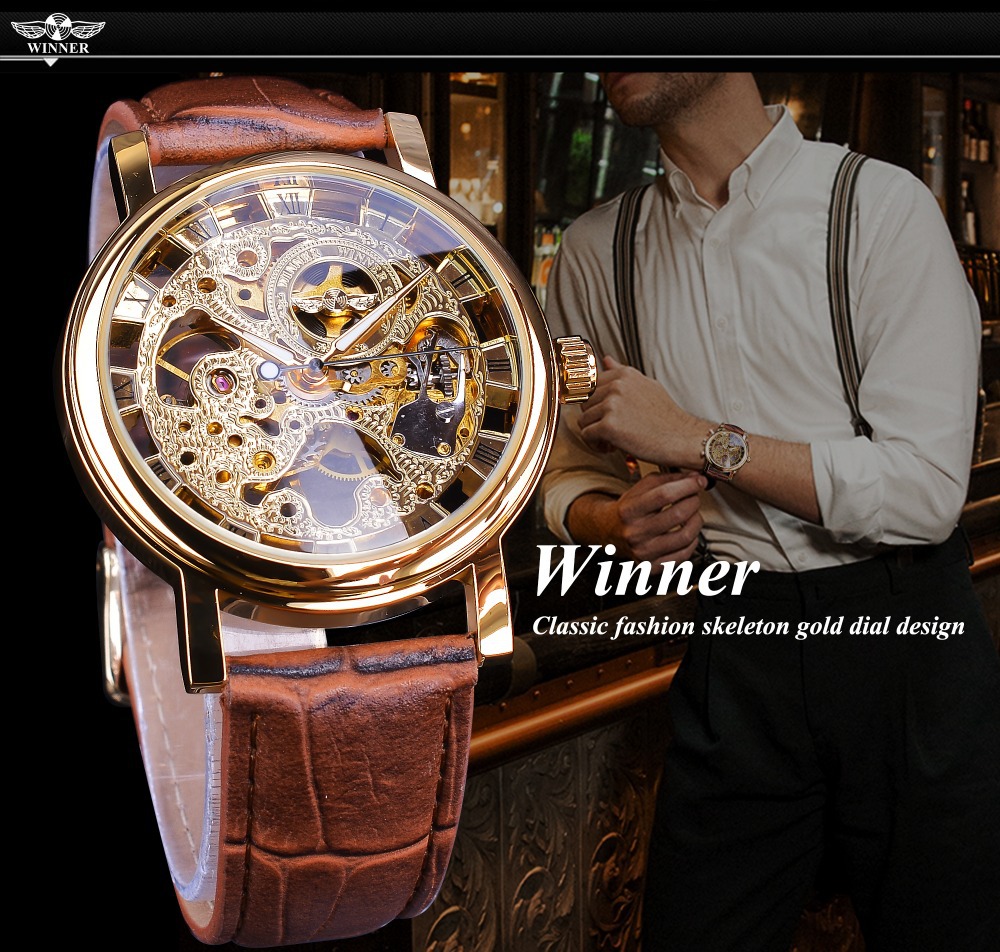 Men's Mechanical Watch With Brown Strap Hollow Design_voghion.com