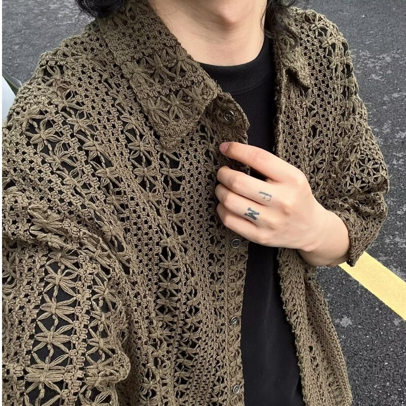American Style Retro Hollow-out Knitwear Short-sleeved Men's Summer Thin Mesh Half-sleeved Shirt Japanese Style Antique Outer Cardigan