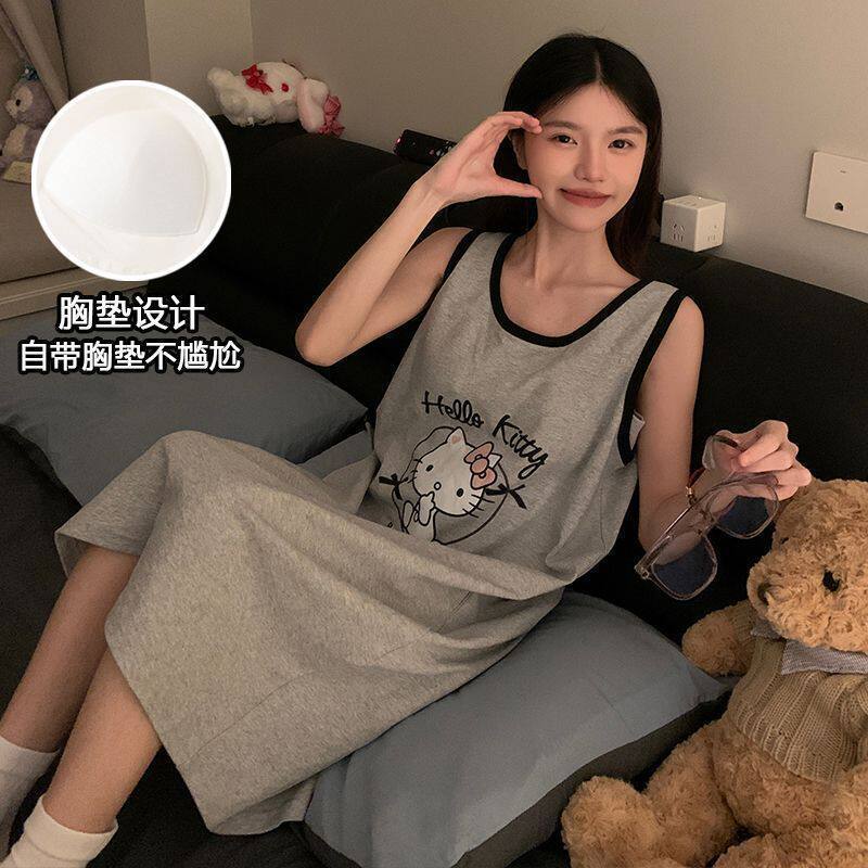 跨境韩版ins吊带睡裙女夏季薄款带胸垫可爱kitty猫睡衣2026新款家