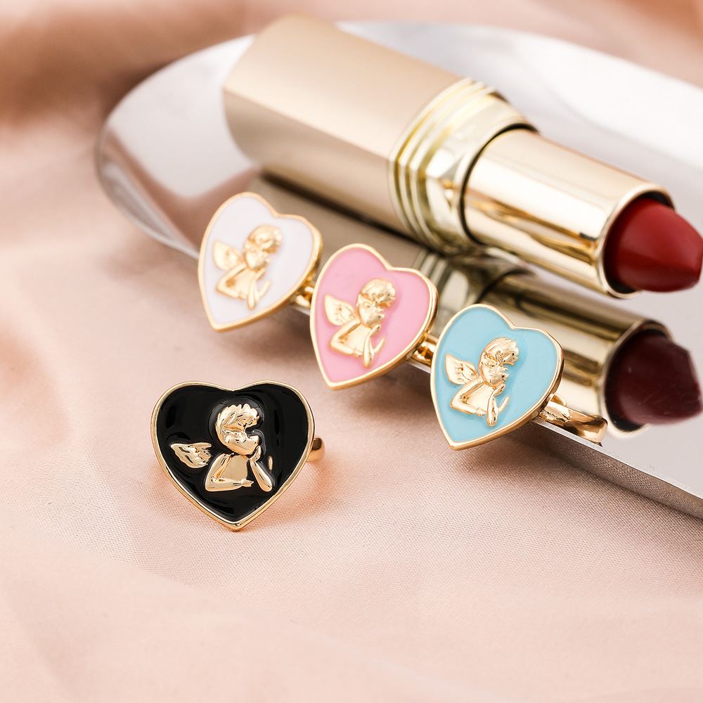 fashion geometric multi-color dripping oil heart angel ring