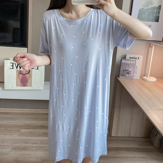 Japanese Style Fresh Style Modal Cotton Short-sleeved Thin Nightgown Summer Simple Loose Round Neck Home Clothes Pajamas for Women