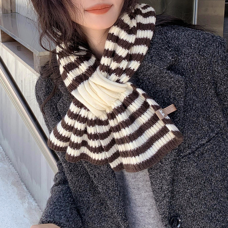针织条纹交叉毛线围脖女秋冬季韩版百搭装饰加厚羊毛混纺保暖围巾|undefined