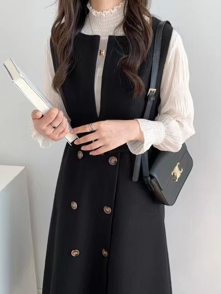 Vestido largo de lana sin mangas con doble botonadura y lazo en la cintura, estilo nuevo de otoño e invierno 2024, japonés y coreano image 4