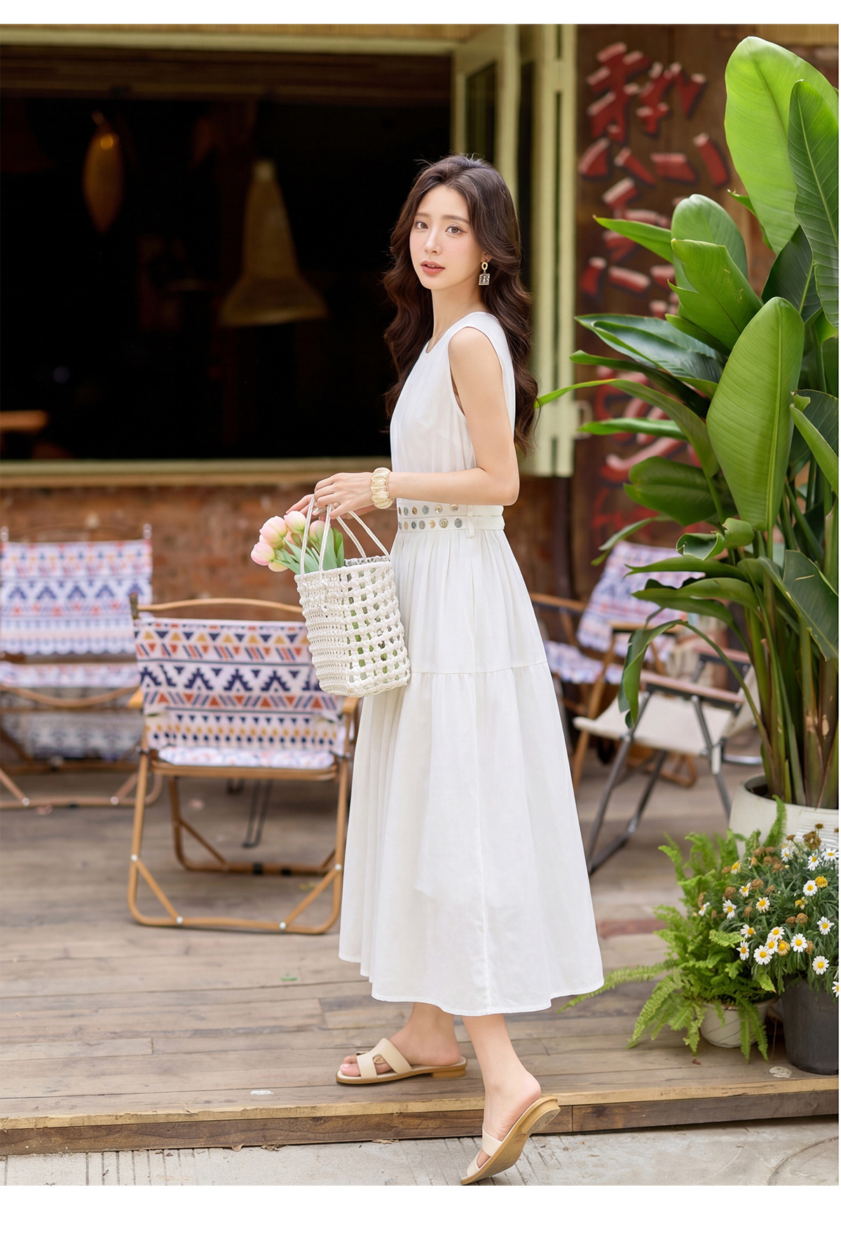 Đầm suông nữ midi không tay dáng rộng dài quá gối MJ5611 — màu trắng, xanh lá cây, màu vàng chi tiết 22