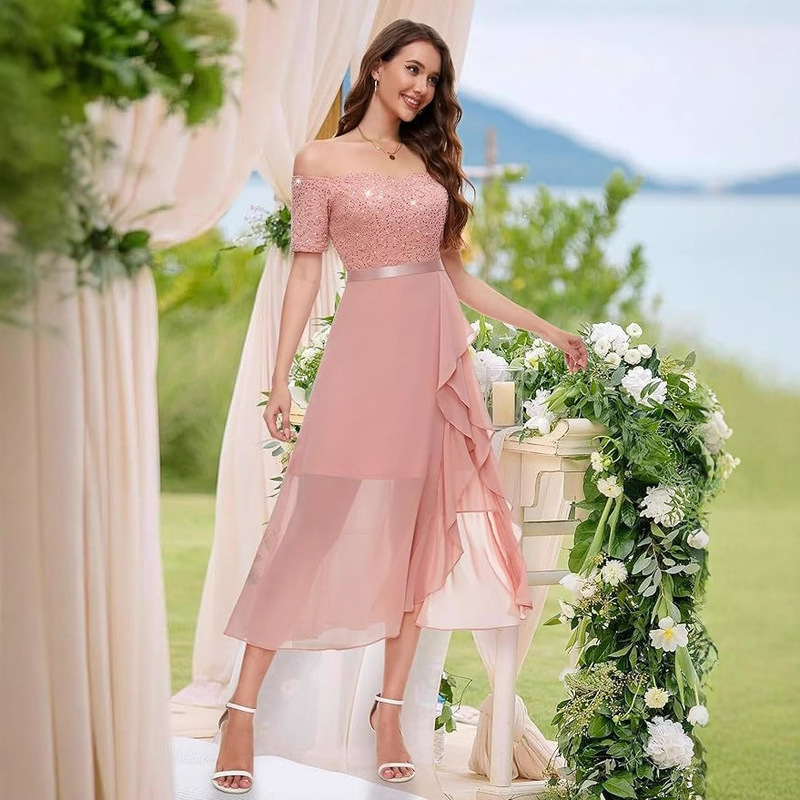 Cross-border Trade Pink Women's Sequins Formal Party Dress Shoulder Wedding Cocktail Mid-length Evening Dress Women