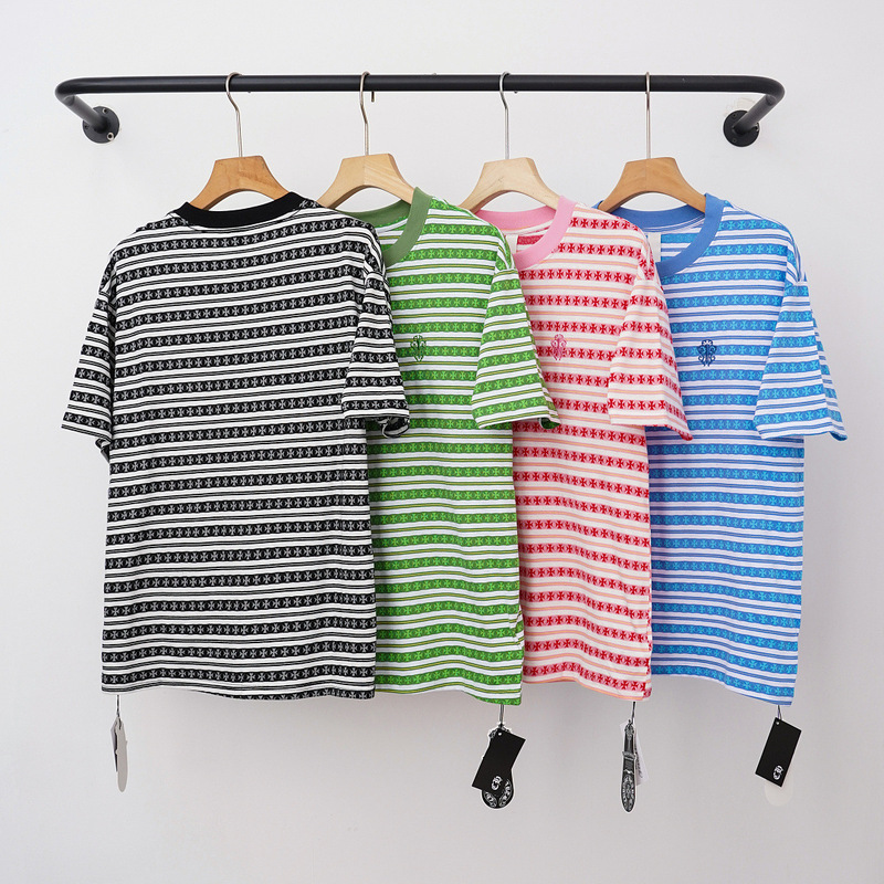 High Version Ss25 Crow Ch Sanskrit Full-Print Popular Stripesd Sea Soul Shirt Casual Short-Sleeved T-Shirt for Men and Women