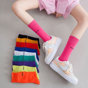 Rose Red Socks Women's Mid-length Socks Spring and Autumn ins Trendy Internet Celebrity Letter Sports Stockings Women's Cotton Korean-style Stacked Stockings
