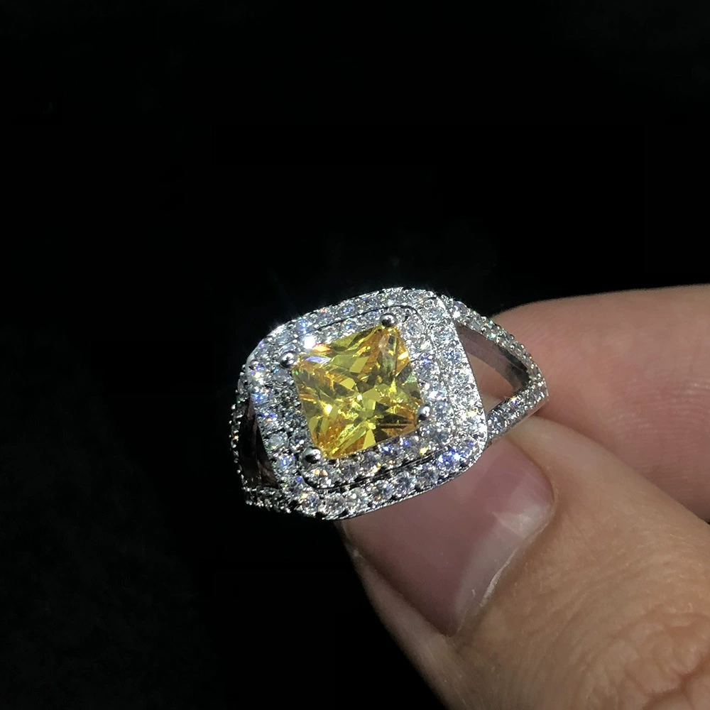 Жёлтое квадратное zirconia кольцо с камнем, аксессуар, европейский стиль, инкрустированный бриллиантом, микрокристаллизация, оптом