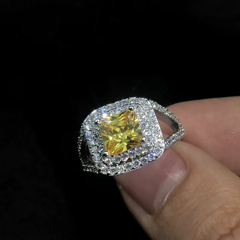 Жёлтое квадратное zirconia кольцо с камнем, аксессуар, европейский стиль, инкрустированный бриллиантом, микрокристаллизация, оптом