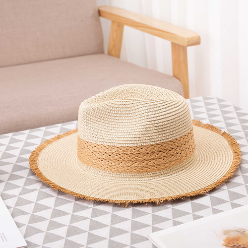 Hat Women's Summer Retro Color-Blocked Straw Hat Raw Edge Sun Protection Sun Hat Korean Style Women's Wide Flat Brim Hat Jazz Top Hat