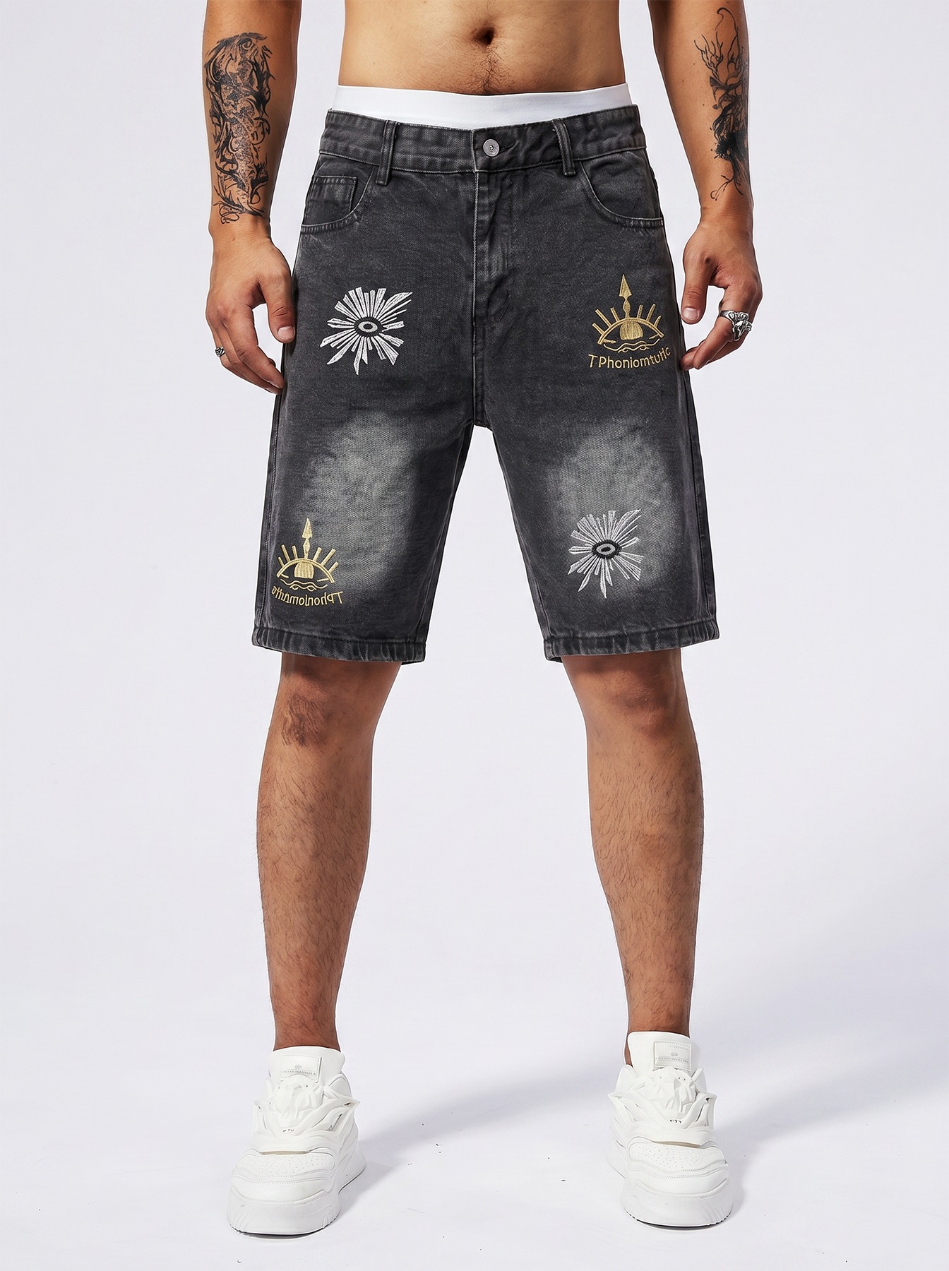 Men's Distressed Denim Shorts All-Seeing Eye Print American Streetwear Style Summer Baggy Cargo Jeans_viptrois.com