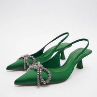 New pointed green high-heeled butterfly knot embellished rhinestone Mueller shoes with exposed heels, shallow mouth, slim heel sandals for women