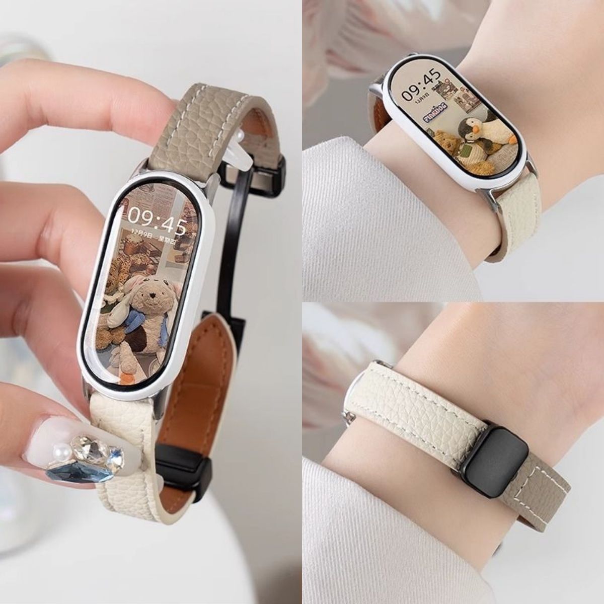 Suitable for Xiaomi Mi Band 10Nfc Ceramic Version 98765 Watch Strap Genuine Leather Pebbled Pattern Small Fragrance High-End Magnetic Suction