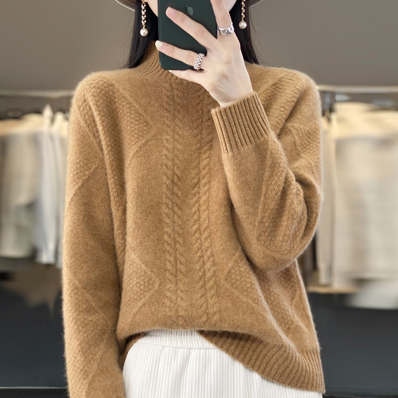 Half-Turtleneck 100% Pure Wool Sweater for Women, Loose Fit, Cable Knit, Long Sleeve, Winter Cashmere Sweater, Fine Wool