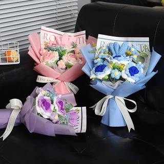 针织玫瑰花束教师节手工生日礼物花束仿真毛线花送女友编织花束