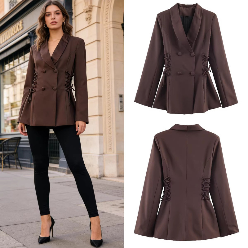 Z Brand Foreign Trade Cross-Border In-Stock European and American Style Women's Clothing 2026 Spring New Satin Patchwork Tie-Waist Blazer Z Brand Foreign Trade Cross-Border In-Stock European and American Style Women's Clothing 2026 Spring New Satin Patchwork Tie-Waist Blazer
