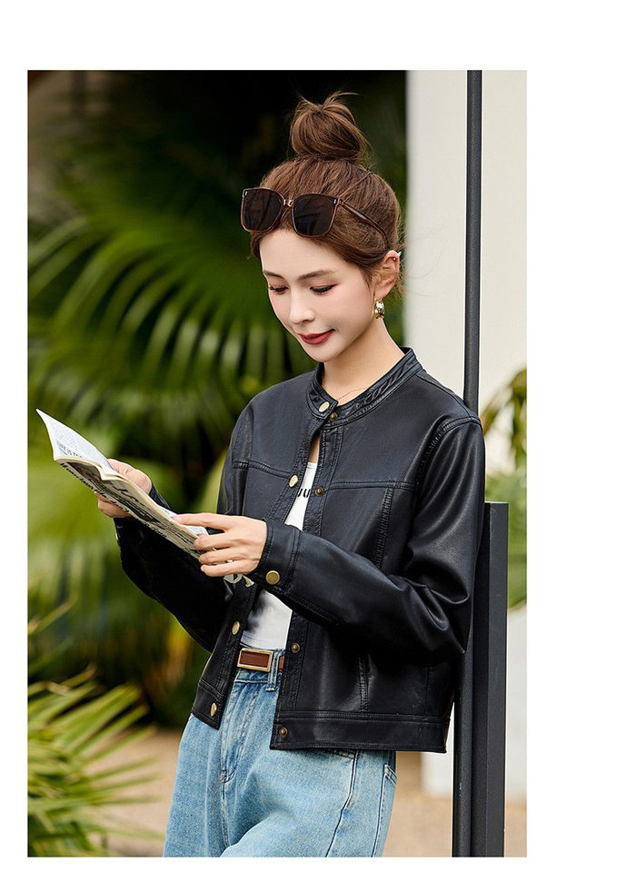 Áo khoác da nữ dáng ngắn cổ đứng tay dài phong cách retro — màu đen, nâu sẫm chi tiết 2