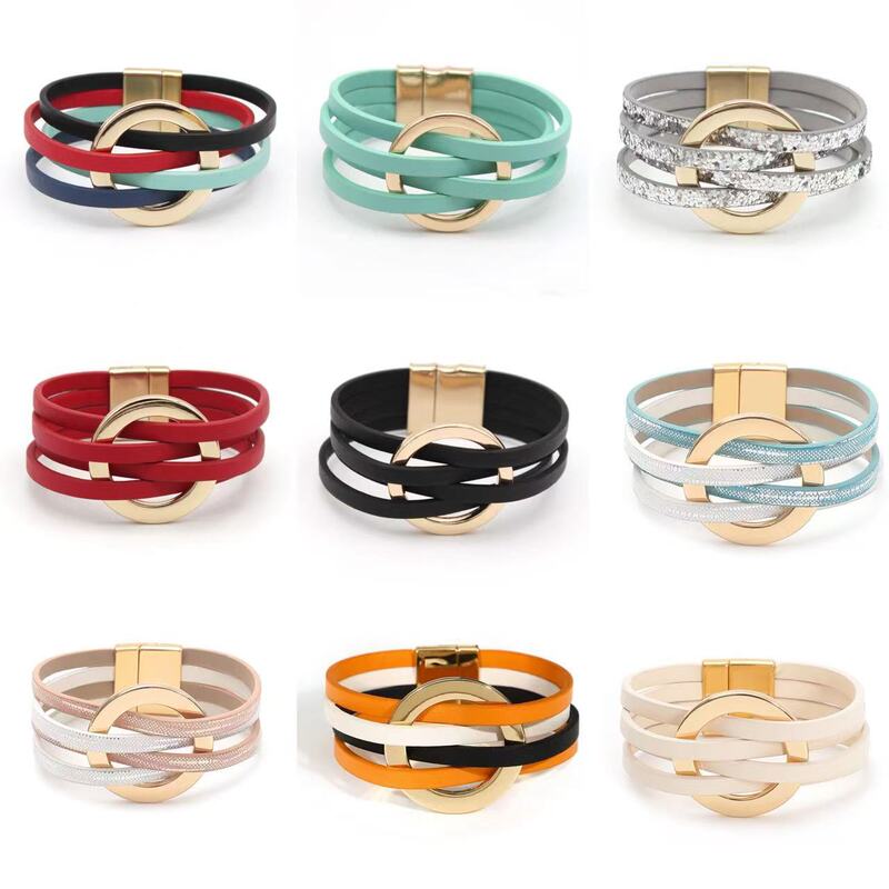 Cross-Border New Product Cross Pu Leather Women's Bracelet Metal Large Ring Cuff Bracelet Multi-Layer Wristband Magnetic Buckle Bracelet Cross-Border New Product Cross Pu Leather Women's Bracelet Metal Large Ring Cuff Bracelet Multi-Layer Wristband Magnetic Buckle Bracelet