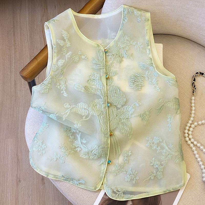 Guofeng New Chinese Style Embroidered Vest New Waistcoat Women's Summer Thin Sleeveless Retro Organza Vest for Outer Wear