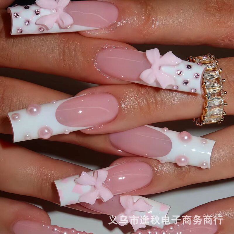 Cross-Border Hot Selling Korean Pink Bow Wearable Nails Pearl Three-Dimensional Manicure Patches Dreamy Temperament Fake Nails Cross-Border Hot Selling Korean Pink Bow Wearable Nails Pearl Three-Dimensional Manicure Patches Dreamy Temperament Fake Nails